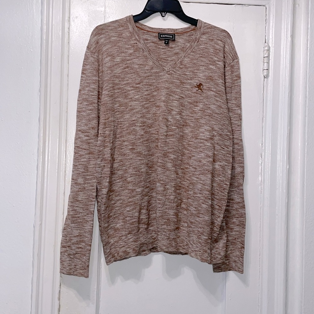 Mens Express Embroidered Logo V-Neck Cotton Sweater Size Large Brown Beige